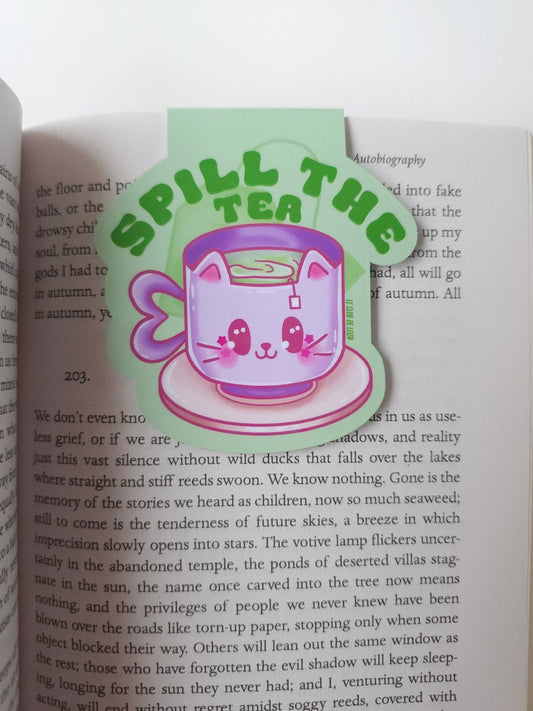 Spill the tea magnetic bookmark with strong magnets, sassy kawaii design