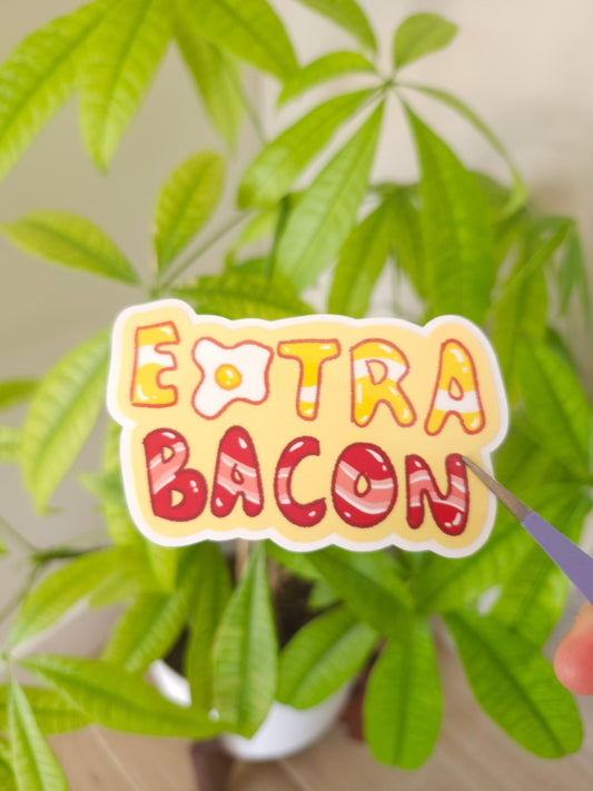 Extra bacon kawaii vinyl sticker, cute food design for bacon lovers