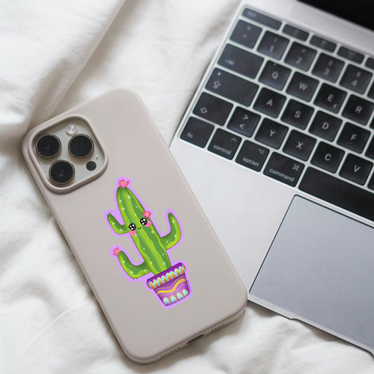 Happy kawaii cactus holographic sticker with sparkles, cute plant design for laptops