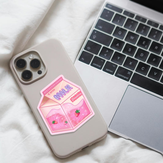 Kawaii strawberry milk carton vinyl sticker with cute pink design, handmade by Le Club de Leiza
