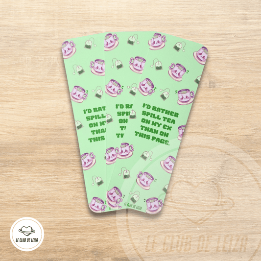 Spill the tea handmade bookmark with sassy message, laminated kawaii design
