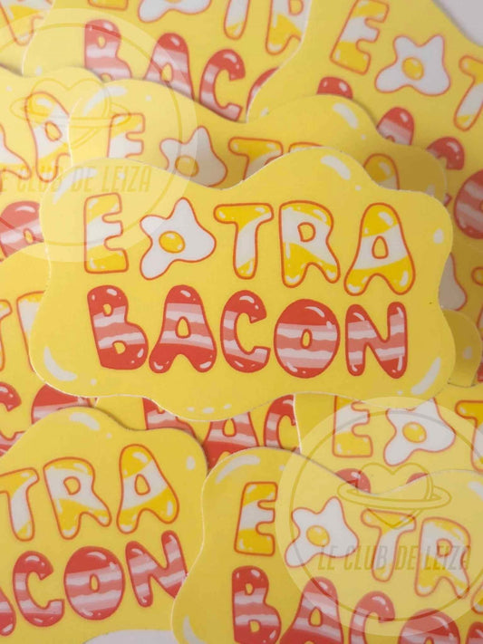 Stack of yellow stickers with 'Extra Bacon' text on a yellow background