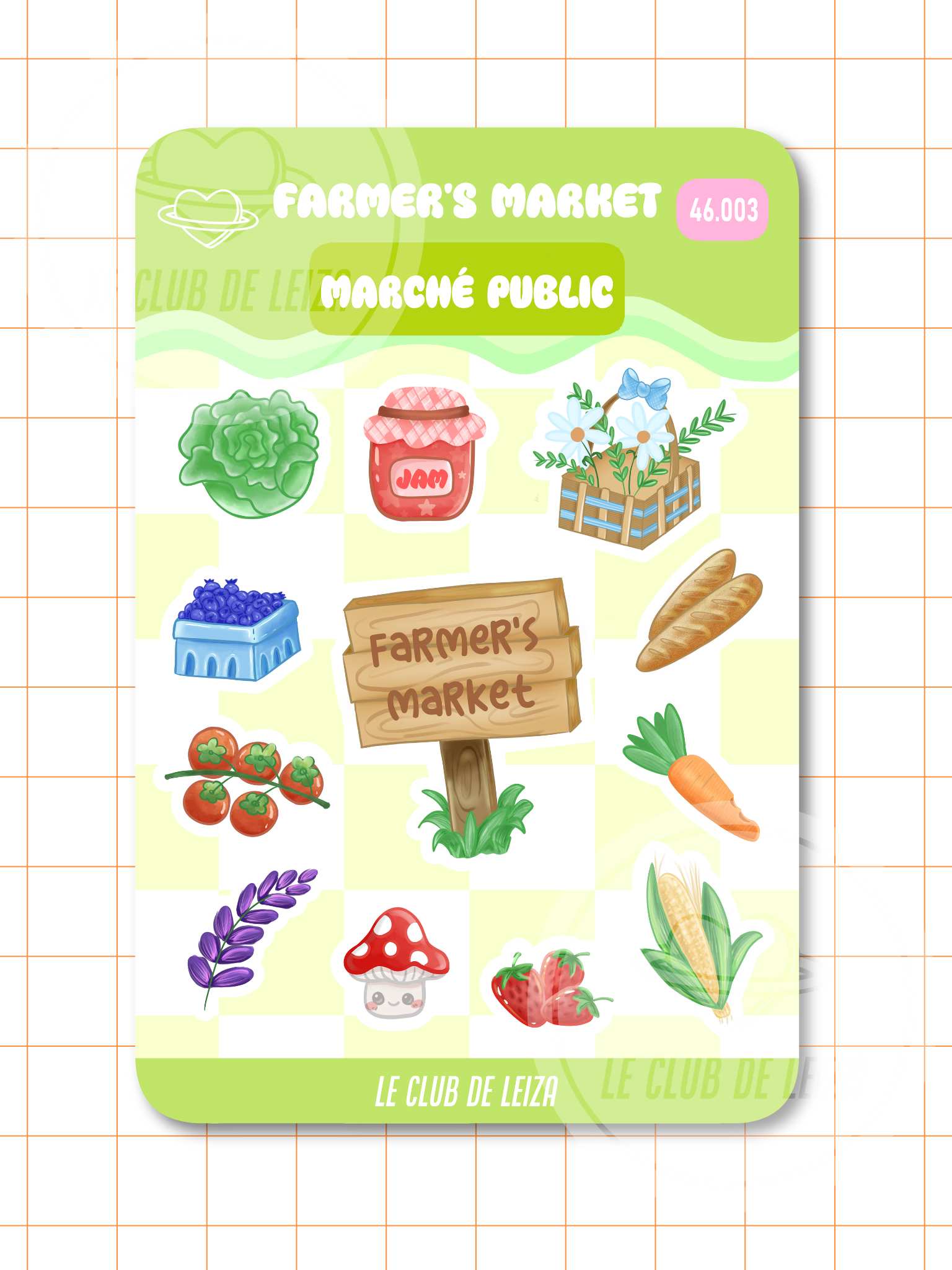 Farmer's market sticker sheet with cute vegetable designs, kawaii produce illustrations