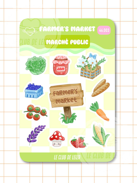 Farmer's market sticker sheet with cute vegetable designs, kawaii produce illustrations