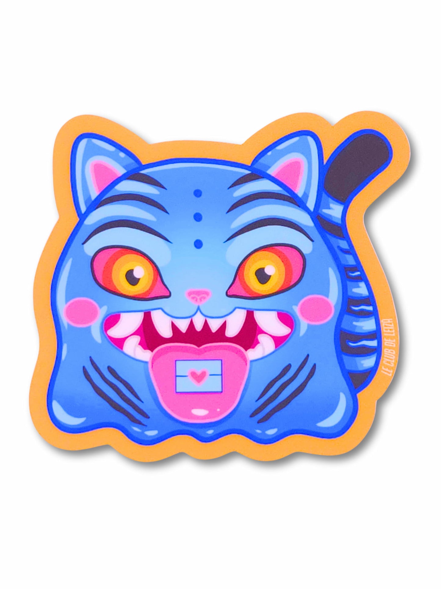 Colorful illustration of a blue cat-like creature with large eyes and a pink heart on a blue background.