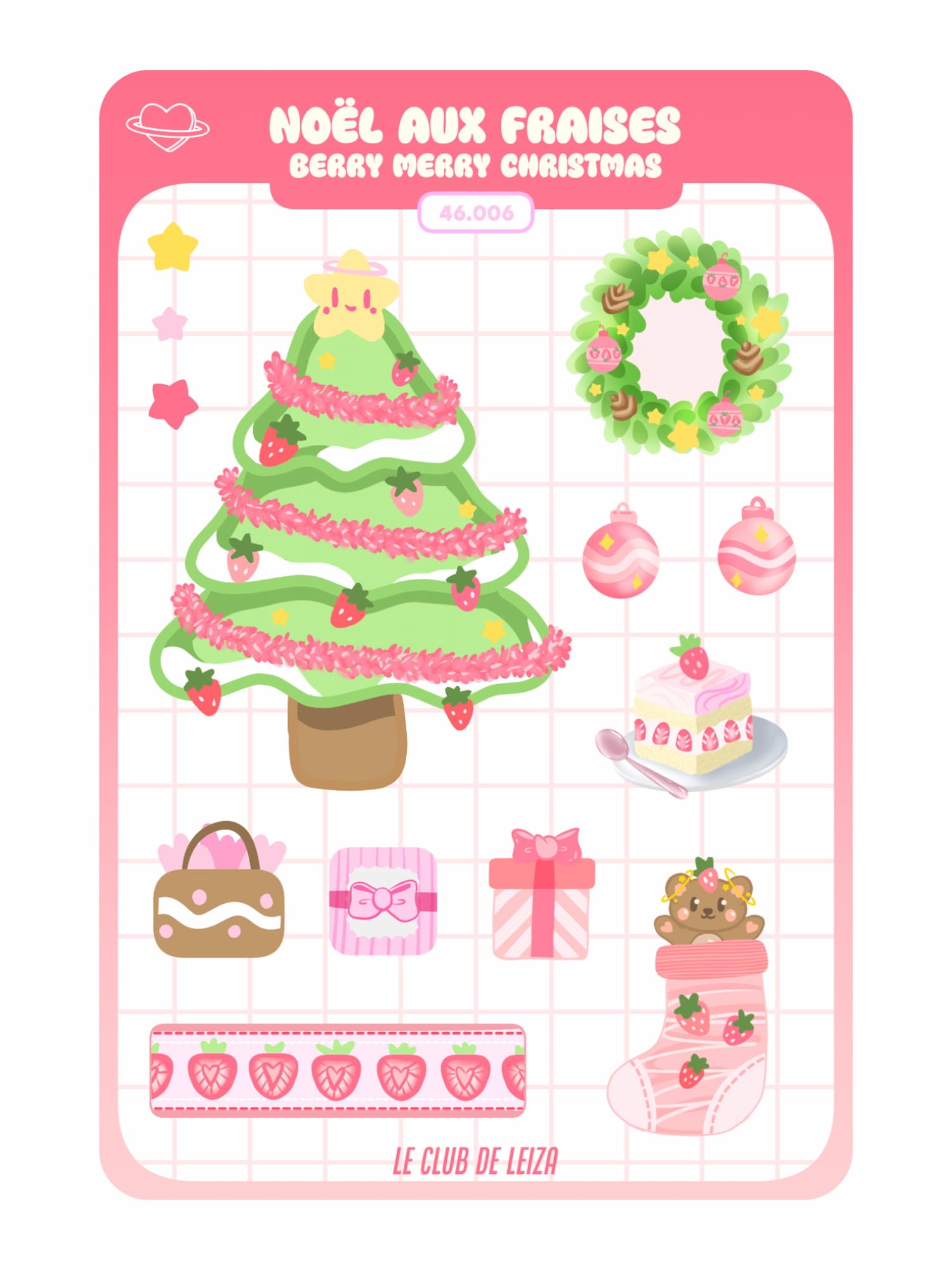 Sheet of Christmas-themed stickers with a strawberry Christmas tree, wreath, cake, and other festive items on a pink background.