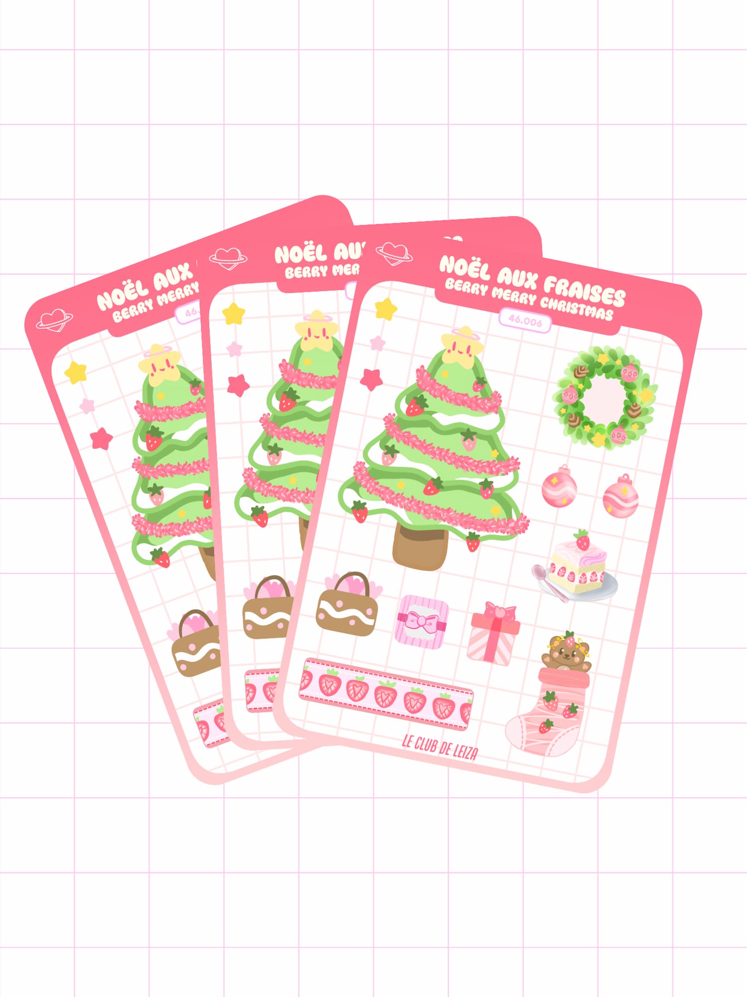 Three sheets of Christmas-themed stickers on a grid background