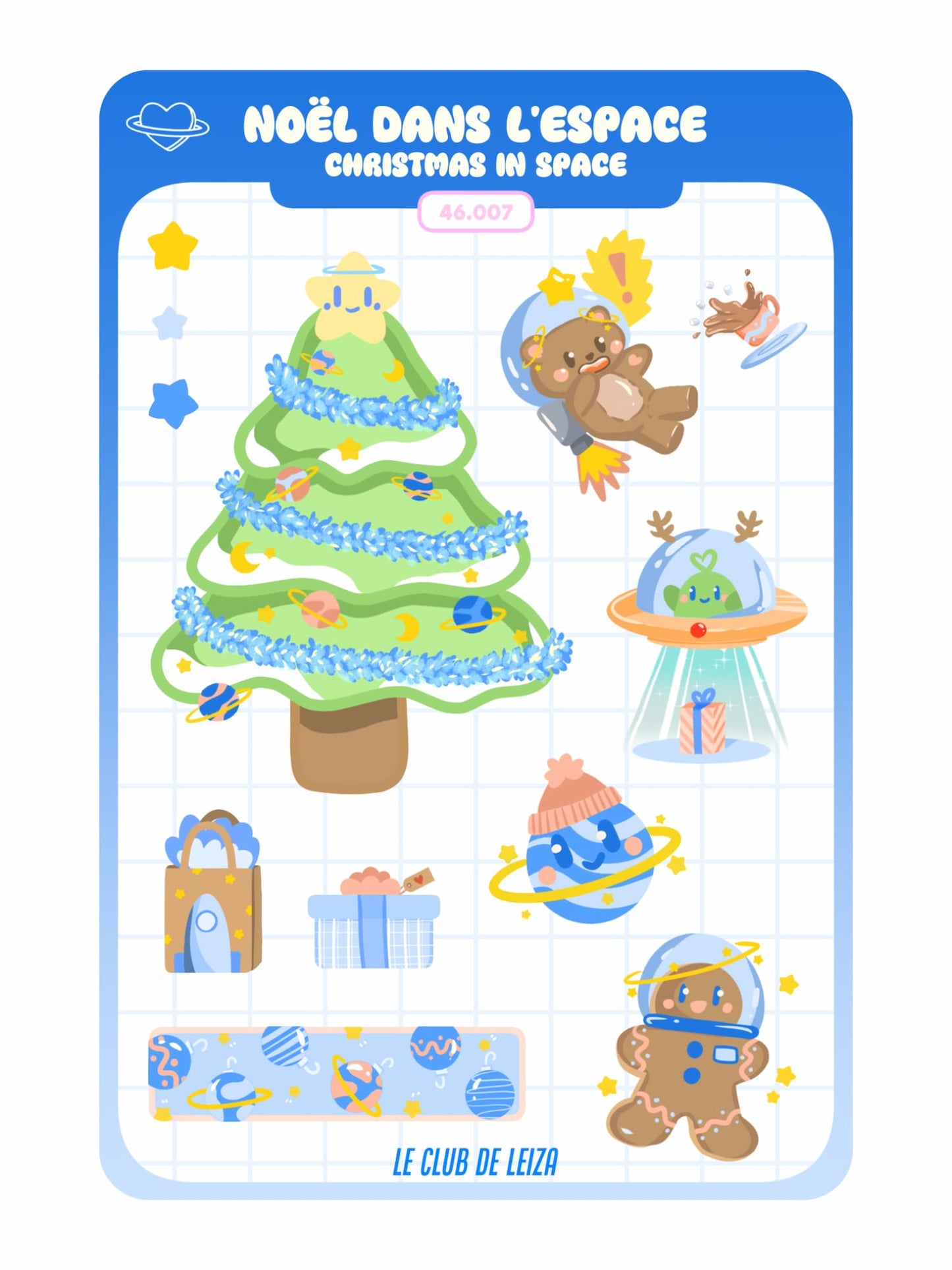 Sticker sheet with space-themed Christmas designs including a decorated tree, alien, and gingerbread man.