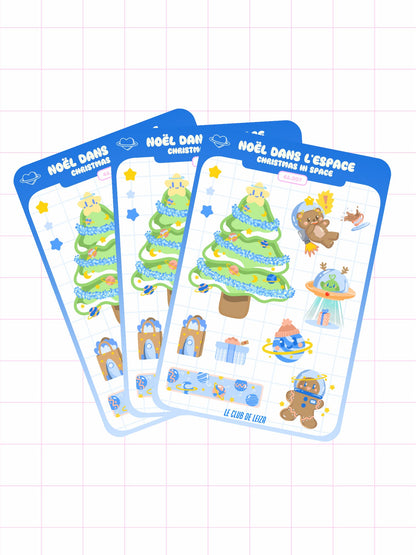 Three sticker sheets with Christmas-themed illustrations on a grid background