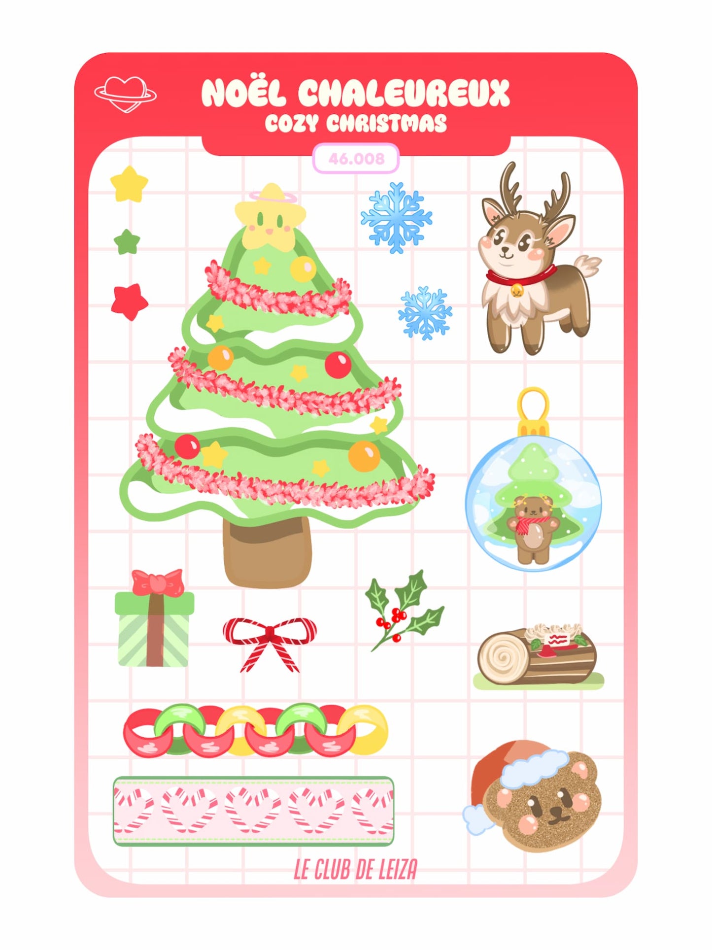 Sticker sheet with Christmas-themed designs including a tree, reindeer, and presents on a white background.