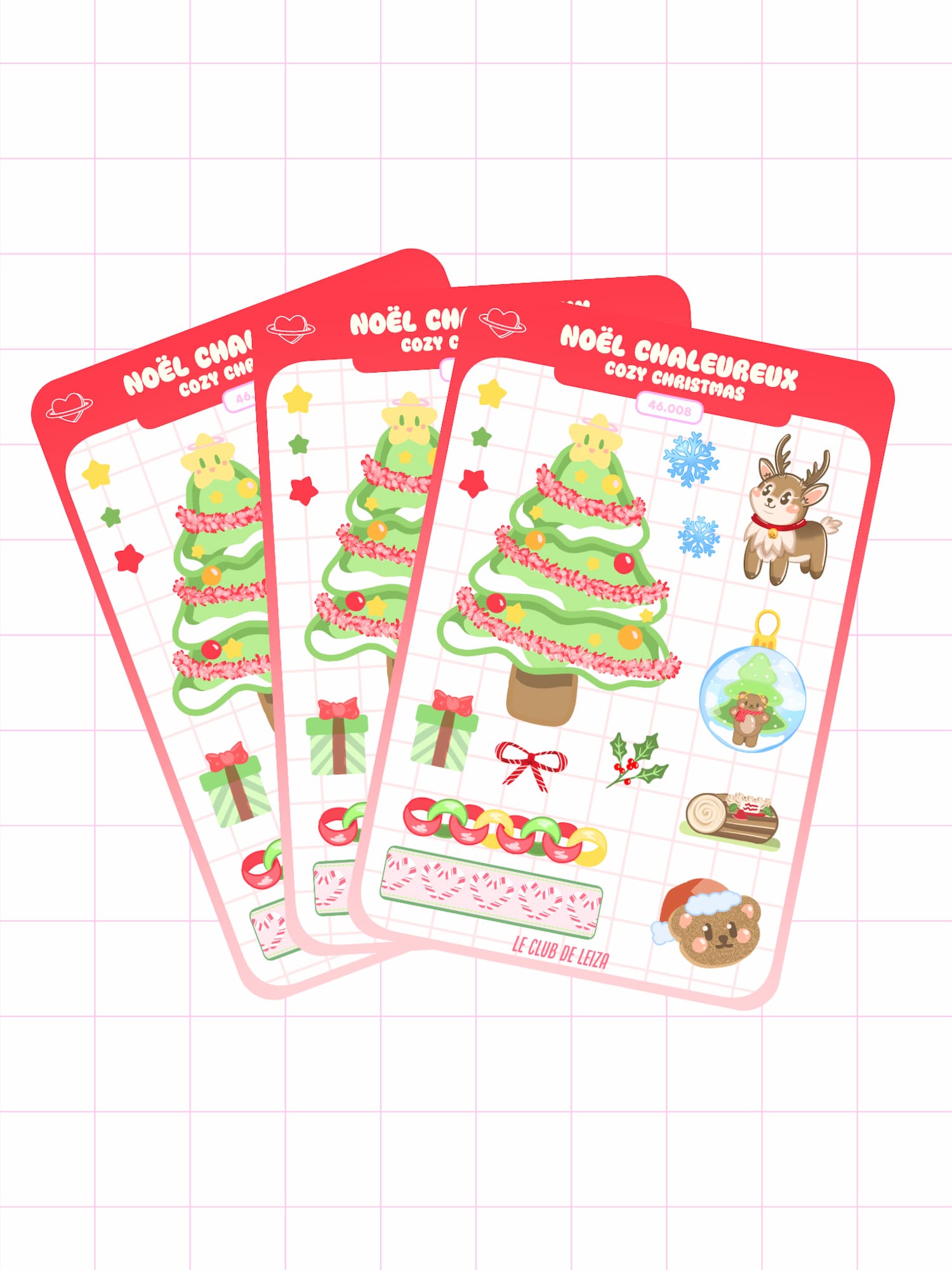 Set of Christmas-themed sticker sheets on a grid background