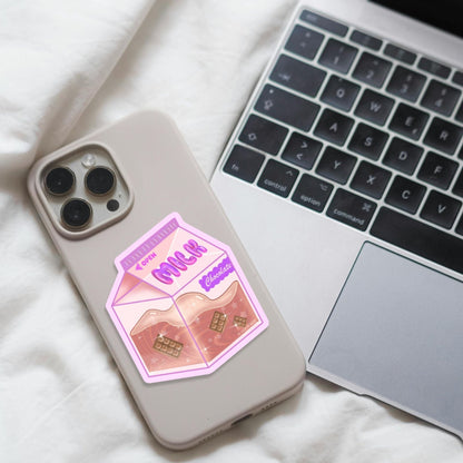 Adorable chocolate milk carton sticker with kawaii design, premium vinyl material