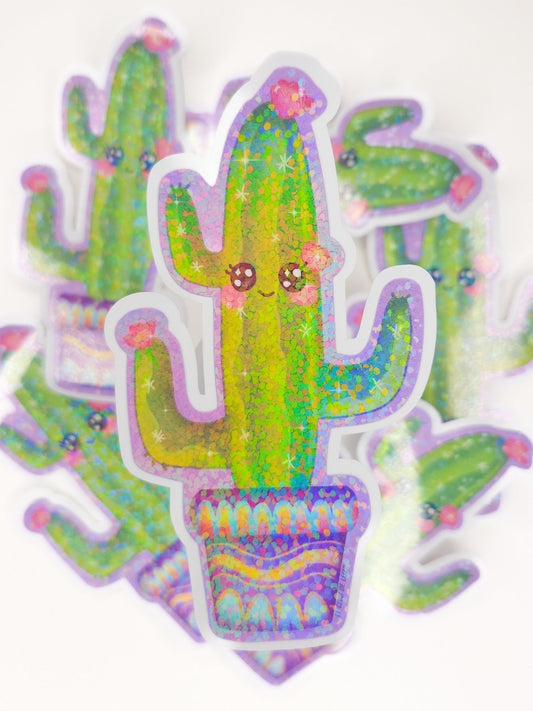 Mexico, Cactus, Green, Purple, Pot, Flower, Stickers, Holographic, Sparkles, Glossy, Mexique, Kawaii, Cute, Mignon