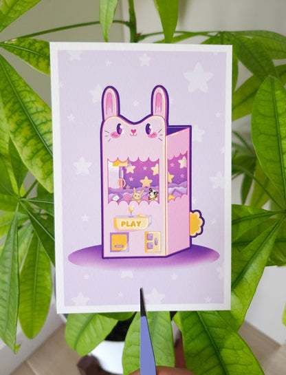 Kawaii bunny claw machine art print 4x6 inches, cute gaming wall art for decoration
