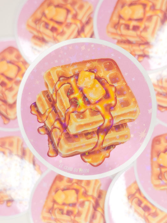 Waffles,Sticker, Holographic, Stars, Vinyl, Glossy, Round, Pink, Yellow, Butter,watercolor, Sirop, Sirup, Food Art, Kawaii, Gauffres