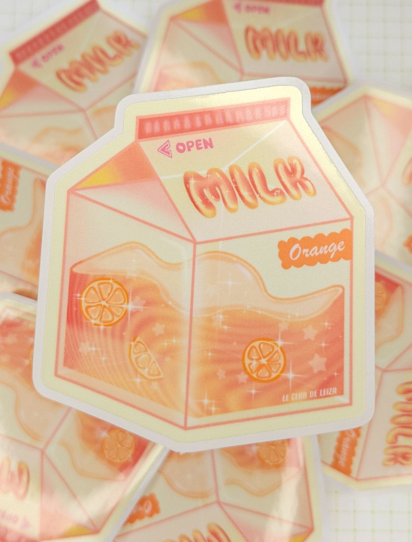 Cute orange milk carton kawaii sticker, water-resistant vinyl, handmade in Canada
