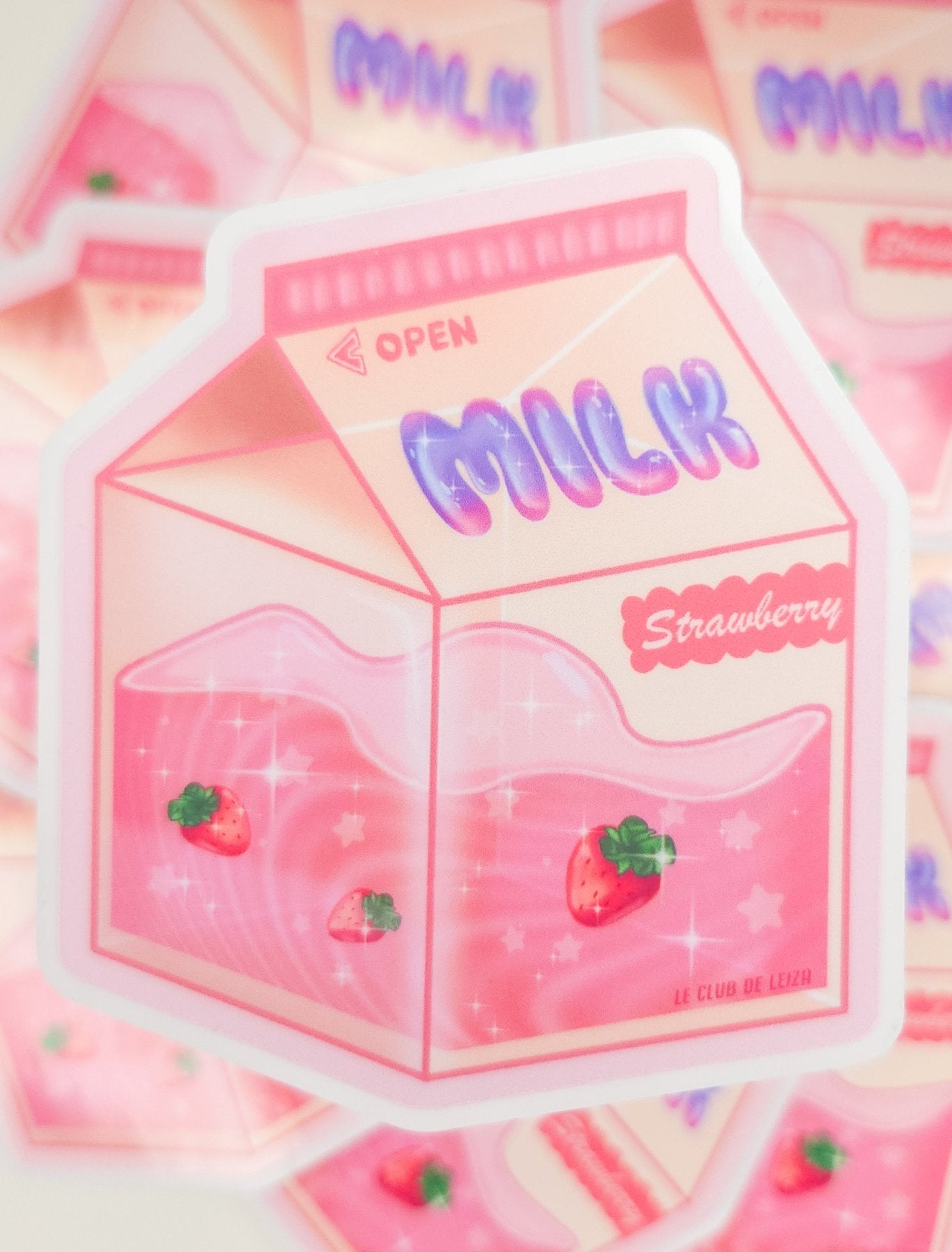 Kawaii strawberry milk carton vinyl sticker with cute pink design, handmade by Le Club de Leiza