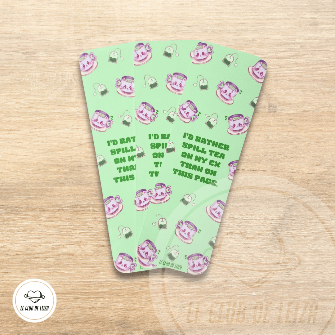 Spill the tea handmade bookmark with sassy message, laminated kawaii design