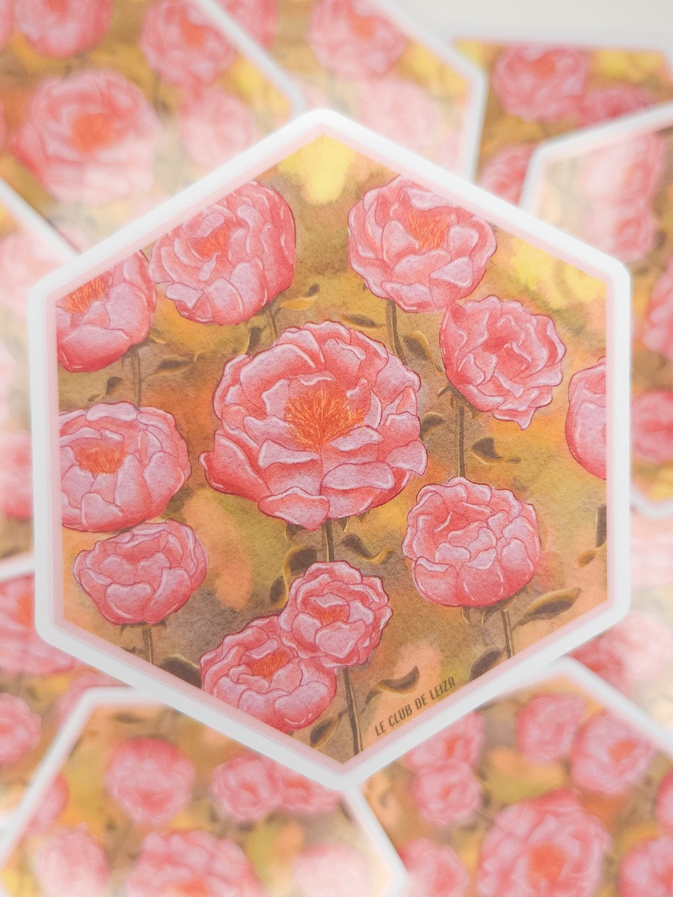 Watercolor peony hexagon vinyl sticker, floral kawaii art with elegant design