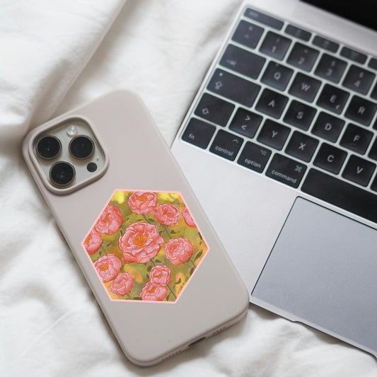 Flower, Peony, Glossy, Stickers, Vinyl, Hexagon, Bouquet, Fleur, Cute, Watercolor, Cellphone, Laptop