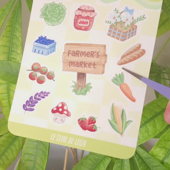 Farmer's market sticker sheet with cute vegetable designs, kawaii produce illustrations
