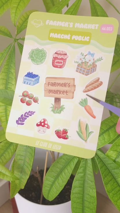 Farmer's market sticker sheet with cute vegetable designs, kawaii produce illustrations
