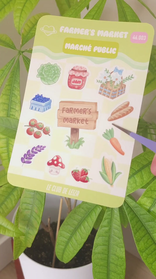 Farmer's market sticker sheet with cute vegetable designs, kawaii produce illustrations
