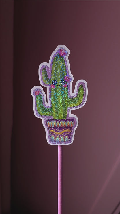 Mexico, Cactus, Green, Purple, Pot, Flower, Stickers, Holographic, Sparkles, Glossy, Mexique, Kawaii, Cute, Mignon, IRL