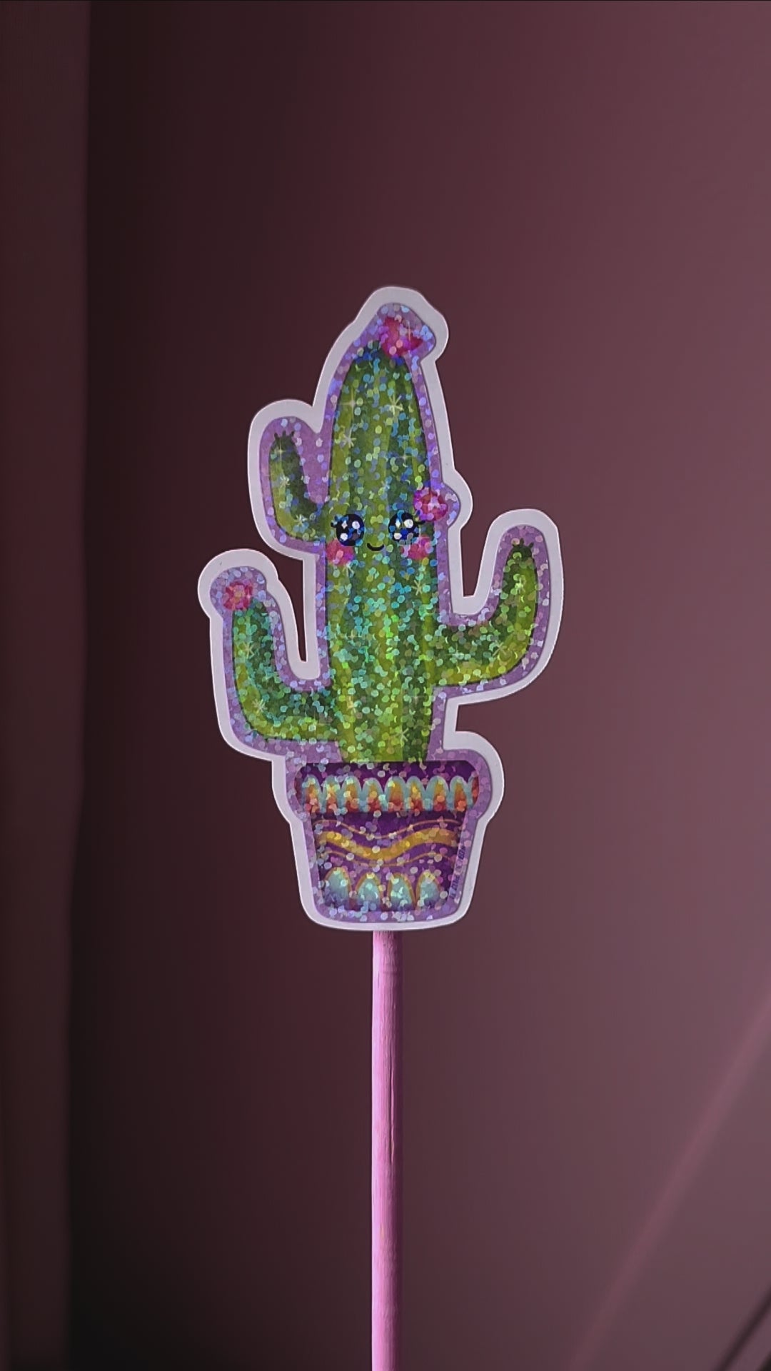 Mexico, Cactus, Green, Purple, Pot, Flower, Stickers, Holographic, Sparkles, Glossy, Mexique, Kawaii, Cute, Mignon, IRL