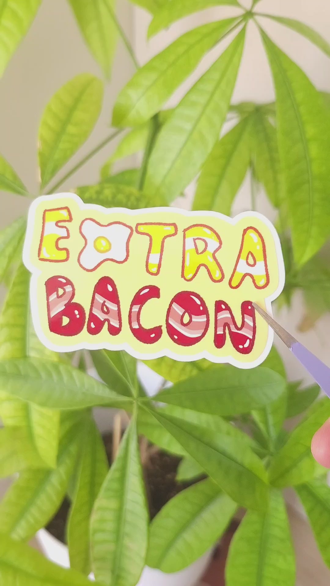 Extra bacon kawaii vinyl sticker, cute food design for bacon lovers
