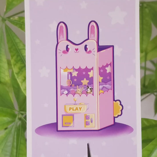Kawaii bunny claw machine art print 4x6 inches, cute gaming wall art for decoration
