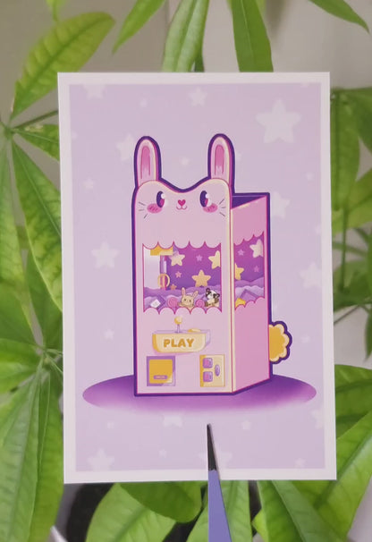 Kawaii bunny claw machine art print 4x6 inches, cute gaming wall art for decoration
