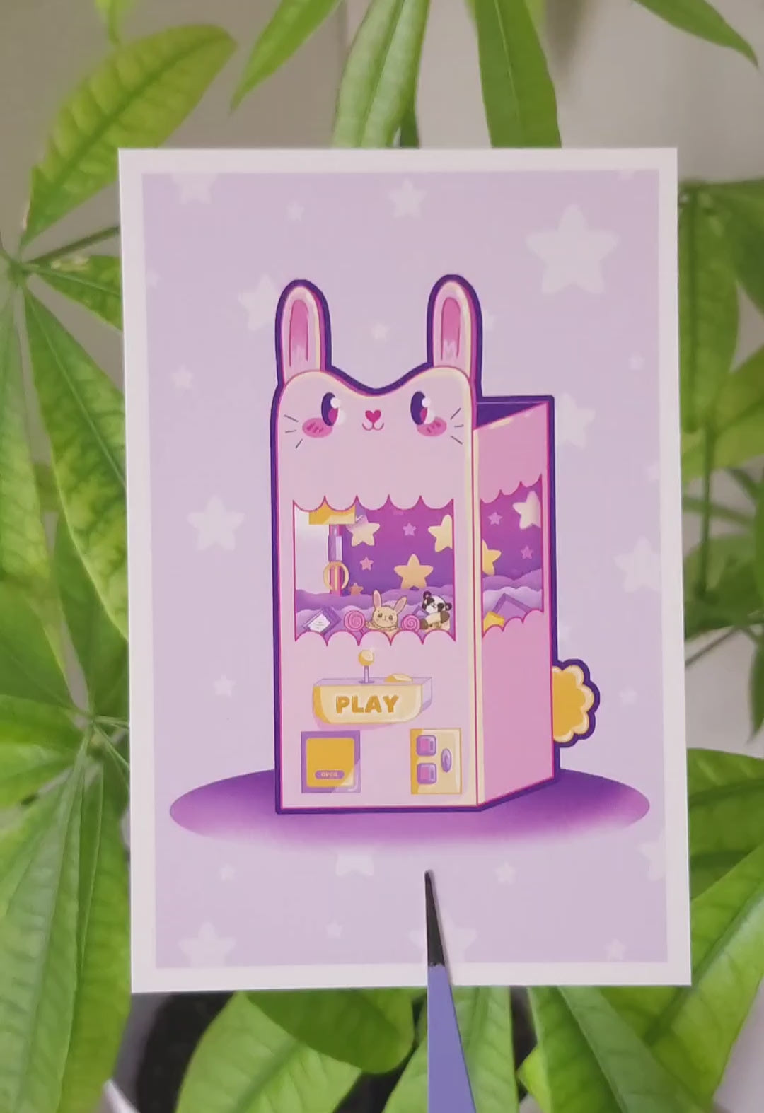 Kawaii bunny claw machine art print 4x6 inches, cute gaming wall art for decoration
